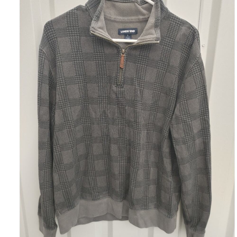 Lands End Men's Quarter Zip Pullover Leather Zipper Checkered Cotton Large Gray